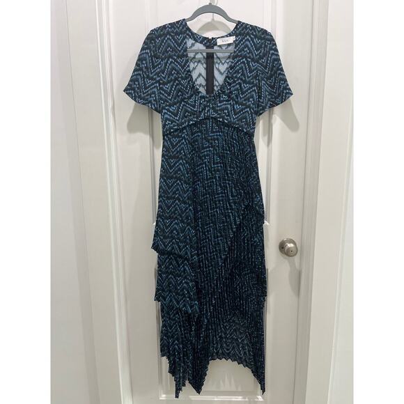 A.L.C. Blue & Black Kylia 100% Silk Asymmetrical Midi Dress Sz 2 - Picture 2 of 11